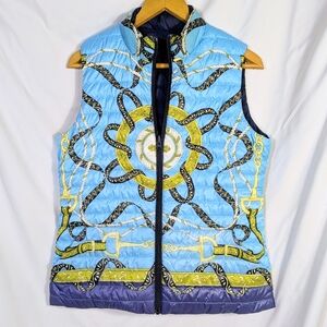 J. McLaughlin Reversible Reversible Goose Down Vest Equestrian Motif Warm Cozy M